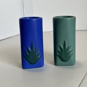 set of 2 small vases 3.25” blue and green aloe plant Marked Get